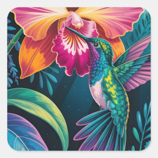 Adesivo Quadrado Vibrant Tropical Hummingbird and Orchid