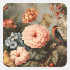 Adesivo Quadrado Vibrant Vintage Floral and Bird Scene