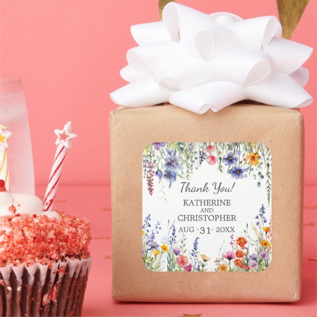 Adesivo Quadrado Vibrant Wildflowers Wedding Elegant Thank You (Festa)