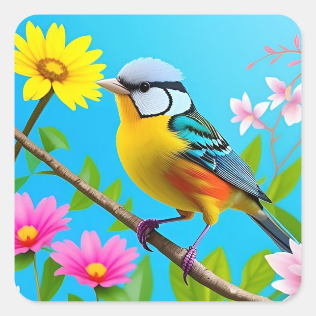 Adesivo Quadrado Vibrante Songbird Emitido numa Ramificação de Flor (Frente)