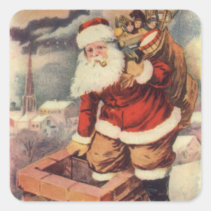 Adesivo Quadrado Victorian Papai Noel do natal vintage na chaminé