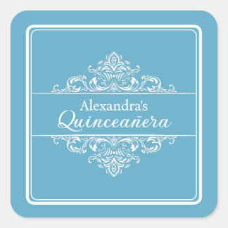 Adesivo Quadrado Videador de Aniversário da Quinceañera Azul-Elegan