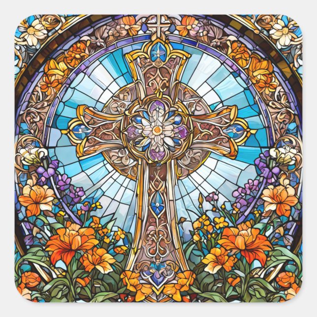 Adesivo Quadrado Vidro Sagrado Cruz com Flores (Frente)