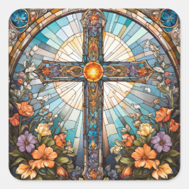 Adesivo Quadrado Vidro Sagrado Cruz com Flores