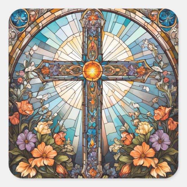 Adesivo Quadrado Vidro Sagrado Cruz com Flores (Frente)