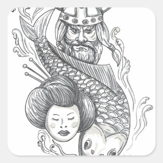 Adesivo Quadrado Viking Carp Geisha Head Tattoo
