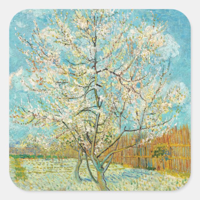 Adesivo Quadrado Vincent van Gogh - Árvore Pêssega Rosa em Flor (Frente)