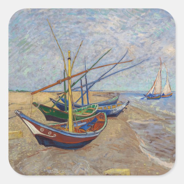Adesivo Quadrado Vincent van Gogh - Barcos de Pesca na Praia (Frente)