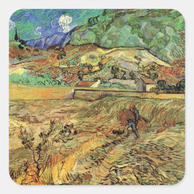 Adesivo Quadrado Vincent van Gogh - Campo de Trigo Cercado com Camp (Frente)