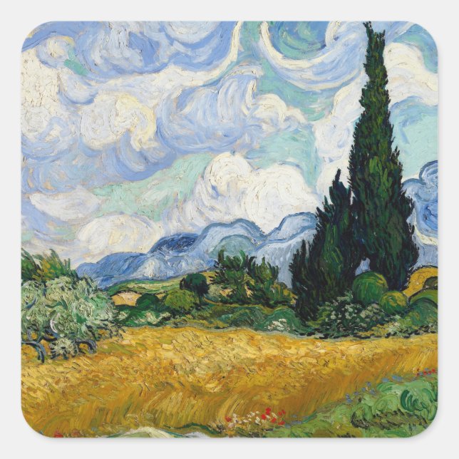 Adesivo Quadrado Vincent Van Gogh Campos De Trigo Com Cyprestes (Frente)