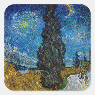 Adesivo Quadrado Vincent van Gogh - Estrada com Cipreste e Estrela