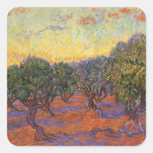Adesivo Quadrado Vincent van Gogh - Oliveiras, céu laranja