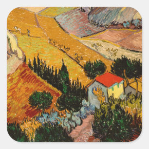 Adesivo Quadrado Vincent van Gogh - Paisagem, Casa e Lavrador