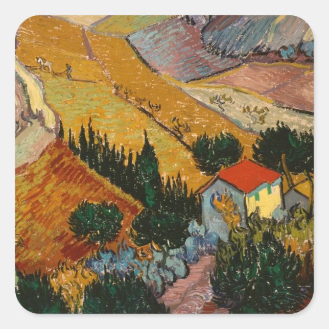Adesivo Quadrado Vincent van Gogh | Paisagem com House & Plowman (Frente)