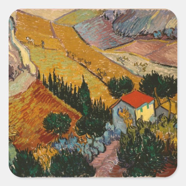 Adesivo Quadrado Vincent van Gogh | Paisagem com House & Plowman (Frente)