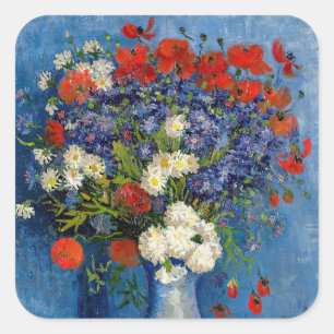 Adesivo Quadrado Vincent van Gogh - Vaso com Centáureas e Papoulas
