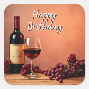 Adesivo Quadrado Vinha Elegante Feliz Aniversário Vinho & Uvas