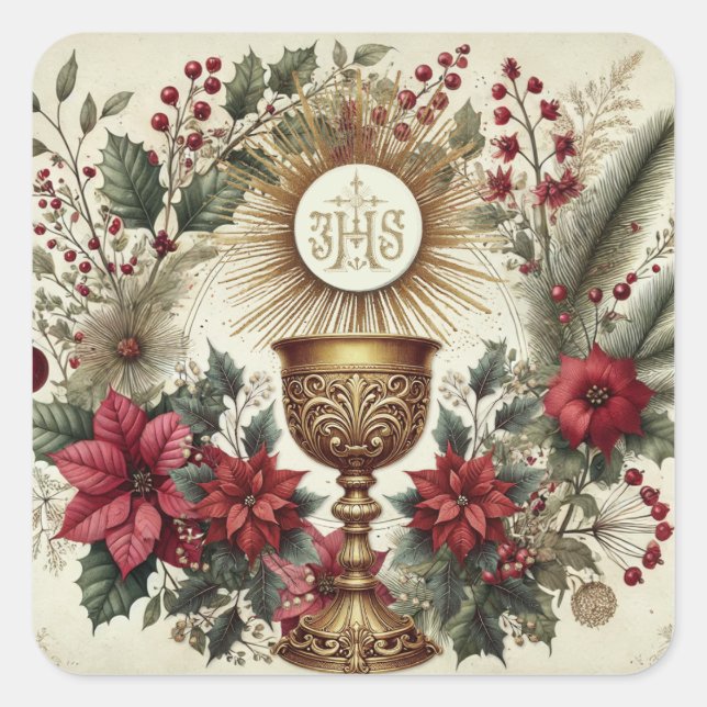 Adesivo Quadrado Vinheta Católica Eucharist Poinsettias (Frente)