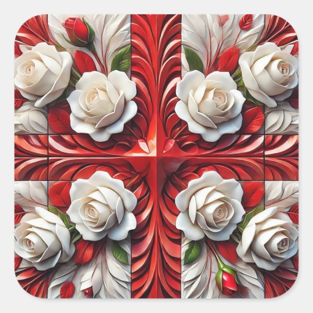 Adesivo Quadrado Vinheta com Design de Rosa Inglês (Frente)