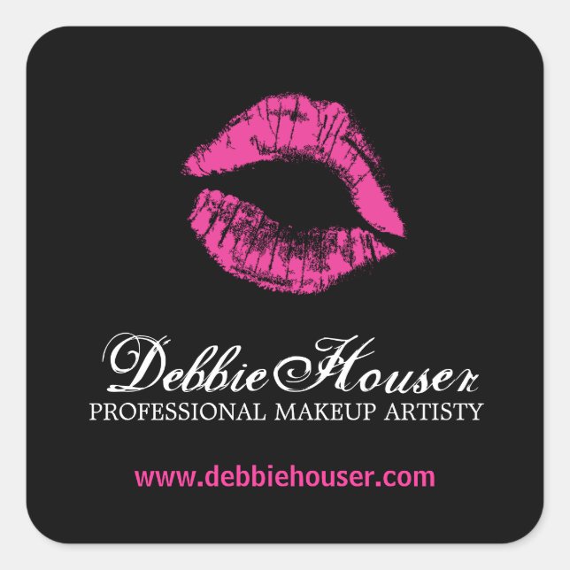 Adesivo Quadrado Vinheta Cosmética de Batom Rosa Quente (Frente)