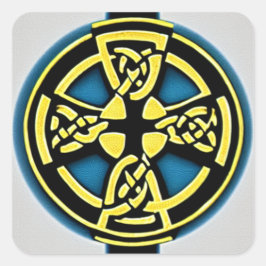 Adesivo Quadrado Vinheta Cruzada do Círculo Dourado e Aqua