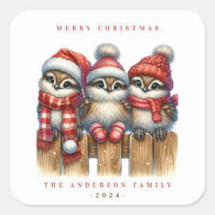 Adesivo Quadrado Vinheta das Corujas de Natal