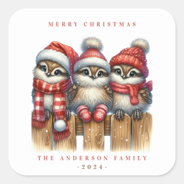 Adesivo Quadrado Vinheta das Corujas de Natal (Frente)