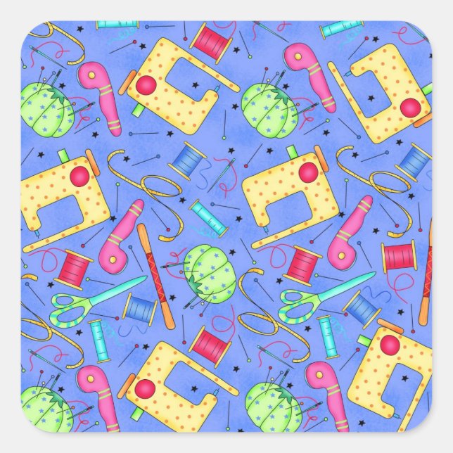 Adesivo Quadrado Vinheta das Noções de Costura Azul Periwinkle (Frente)