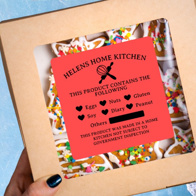 Adesivo Quadrado Vinheta de Alerta de Alergia à Comida Vermelha Can (Criador carregado)