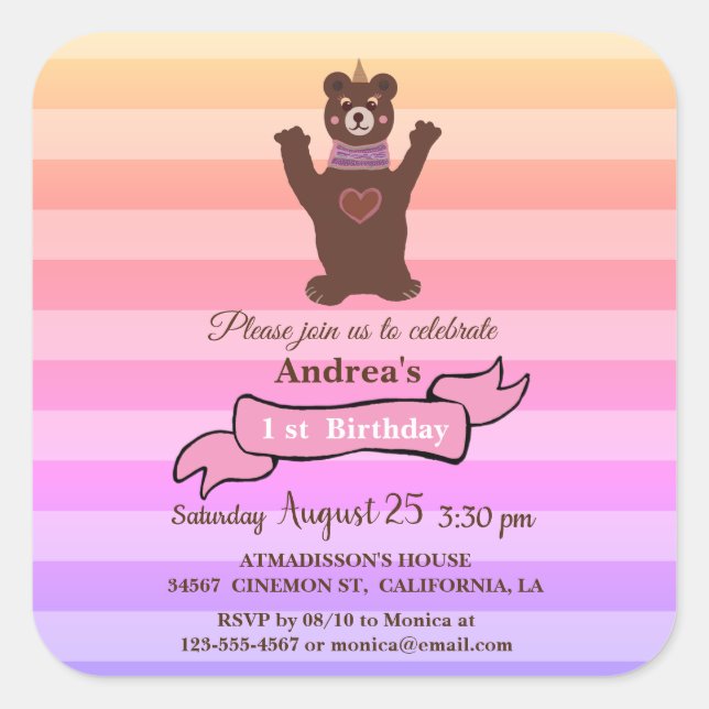 Adesivo Quadrado Vinheta de Aniversário de Bear Girl (Frente)