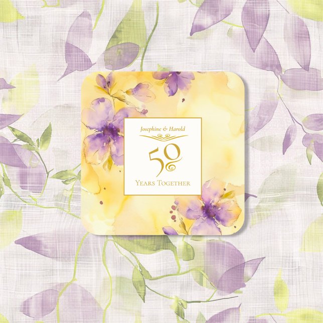 Adesivo Quadrado Vinheta de aniversário de casamento Dourada Violet (Violets Gold 50th Wedding Anniversary Sticker)