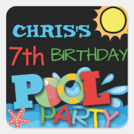 Adesivo Quadrado Vinheta de Aniversário do Partido piscina
