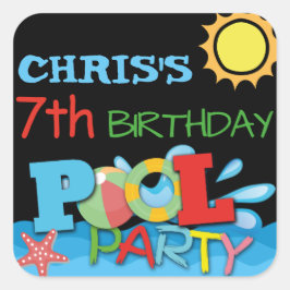 Adesivo Quadrado Vinheta de Aniversário do Partido piscina