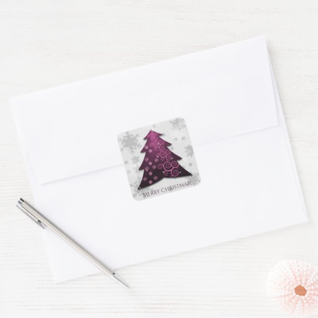 Adesivo Quadrado Vinheta de Árvore de Natal Festiva Magenta (Envelope)