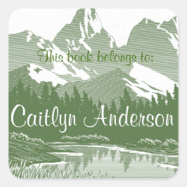 Adesivo Quadrado Vinheta de Bookplate de Montanhas Personalizadas