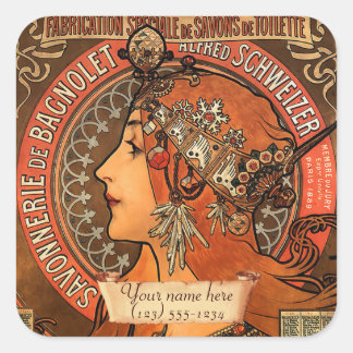 Adesivo Quadrado Vinheta de Bookplate de Mucha Art Nouveau