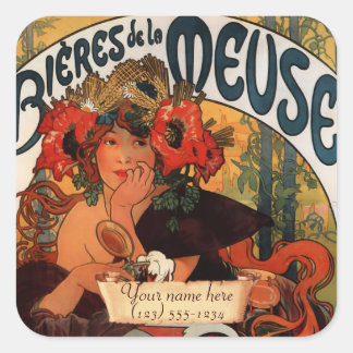 Adesivo Quadrado Vinheta de Bookplate de Mucha Art Nouveau