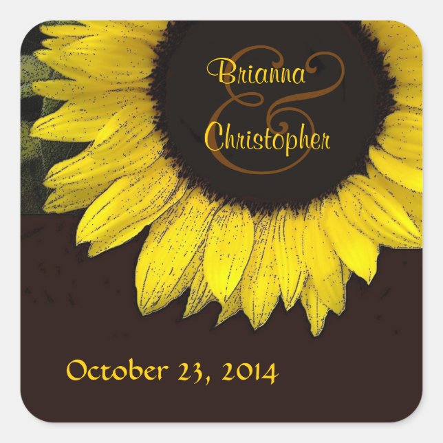 Adesivo Quadrado Vinheta de Casamento Amarelo-Sunflower Cheerful (Frente)