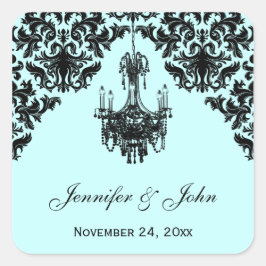 Adesivo Quadrado Vinheta de Casamento Chandelier com Damasco Azul e