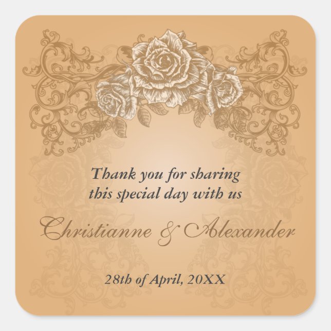 Adesivo Quadrado Vinheta de Casamento com Rosas de Laranja Antigos (Frente)