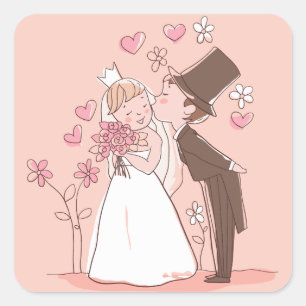 Adesivo Quadrado Vinheta de Casamento Cor-de-Rosa e Noiva-Cor-de-Ro