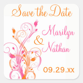 Adesivo Quadrado Vinheta de Casamento de 1,5", cor-de-rosa laranja,