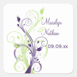 Adesivo Quadrado Vinheta de Casamento de 1,5" verde-roxa