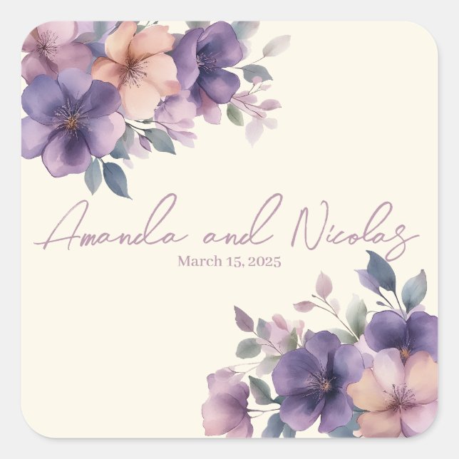 Adesivo Quadrado Vinheta de casamento de flor rosa-púrpura (Frente)
