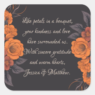 Adesivo Quadrado Vinheta de Casamento de Gratidão Elegante das Flor