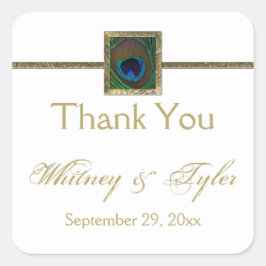 Adesivo Quadrado Vinheta de Casamento de Penas Branca e Dourada