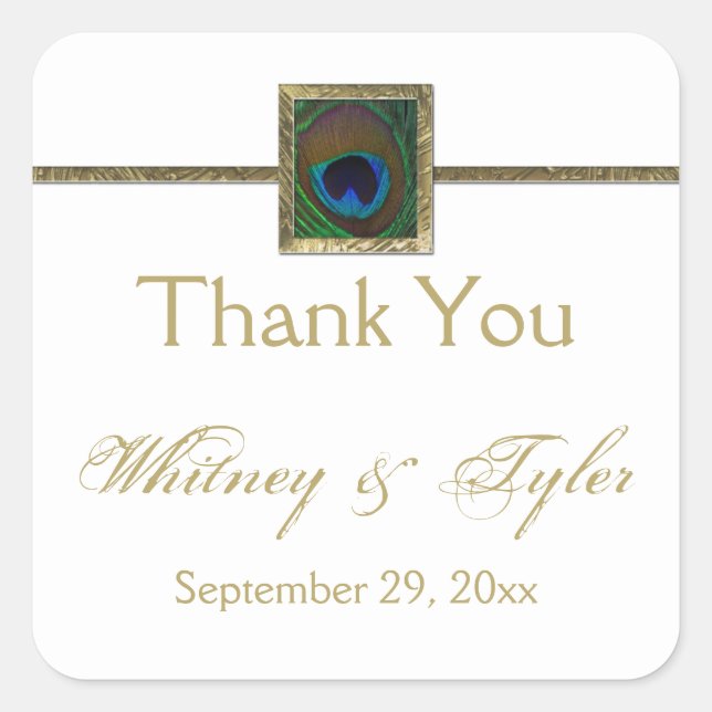 Adesivo Quadrado Vinheta de Casamento de Penas Branca e Dourada (Frente)