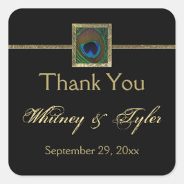 Adesivo Quadrado Vinheta de Casamento de Penas de Peacock Preta e D