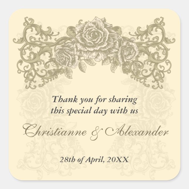Adesivo Quadrado Vinheta de Casamento de Rosas Antigos (Frente)