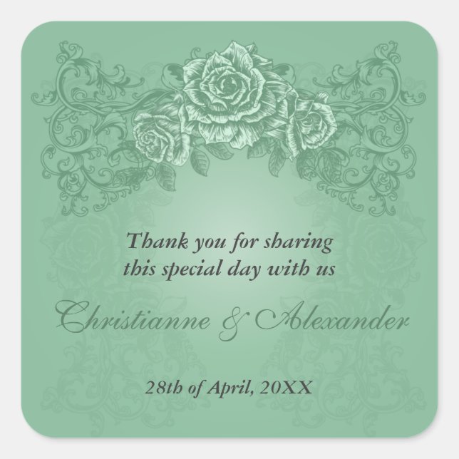 Adesivo Quadrado Vinheta de Casamento de Rosas Verdes Antigas (Frente)